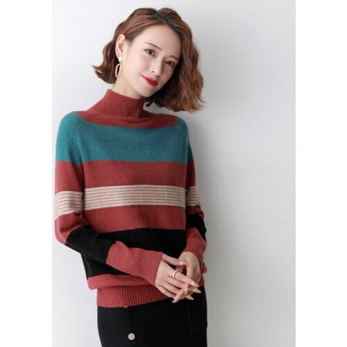2021 Autumn Winter Korean New Women Knitted Sweaters Fashion Turtleneck Color Matching Loose Long Sleeve Tops Chompas Para Mujer