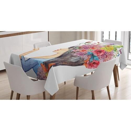 Floral Head Girl Holding Romantic Feminine Spring Artwork,Table Cover for Dining Room Kitchen Décor