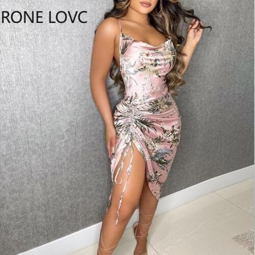 Women Cami Bandeau Floral Print High Slit Bodycon Dress Summer Dress