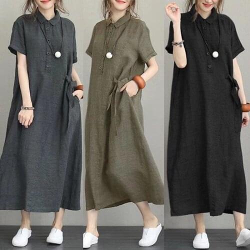 Summer Solid Color Lapel Dresses For Women Casual Literary Temperament Modern Office Lady Short Sleeves Pullover Shirt Dress
