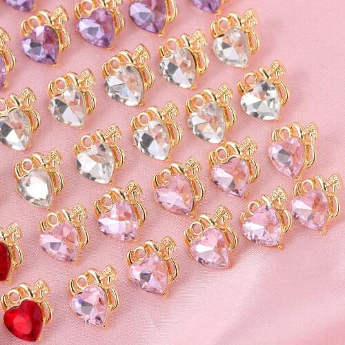 10Pcs Colorful Crystal Cute Hearts Charms 12*12mm Silver Color Alloy Devil Love Jewelry Charm Accessories For DIY Making Earring