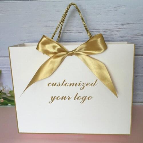 100pcs pink/white Customized logo gift bag Box For Wedding gift pack Clothes wig Packaging Gold Handle with Ribbon