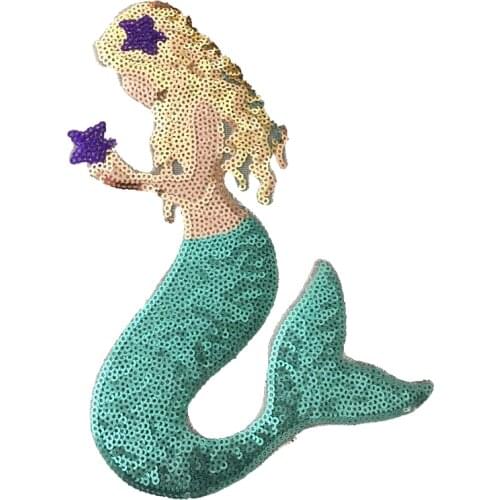 1Piece 20x13cm Mermaid Sequined Iron on Patches for Clothes Bags DIY Sewing Large Sea-maid Sequins Applique Patch
