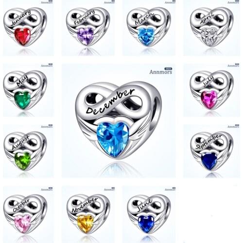 Birthstone 925 Sterling Silver Bow Love Heart Colored Zircon Fits Original Pandora Necklace Bracelet Jewelry Month Birthday Gift