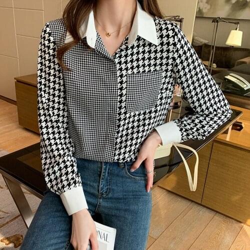Chikichi 2021 Autumn and Winter Thousand Birds Plaid Color Block Shirt Women Retro Hong Kong Shirt Long Sleeve Top Commuter