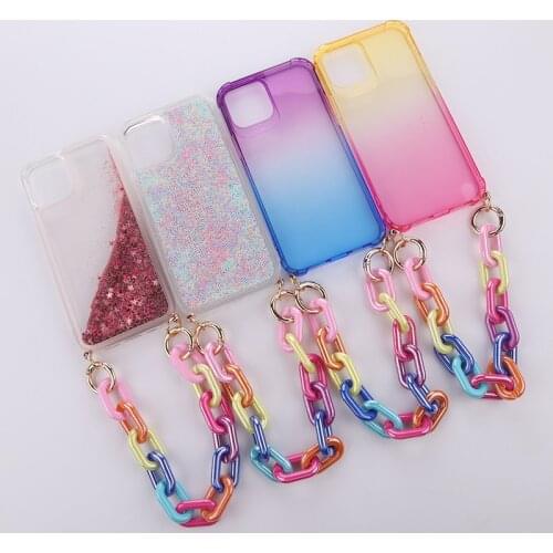 Color Translucent Lanyard Phone Case For iphone 11 12 Pro Max MiNi X XR XS 7 8Plus Plastic Bracelet Phone Cover With Strap