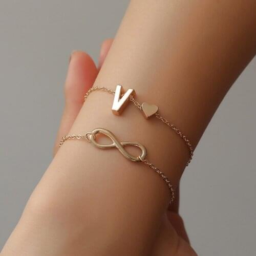 Elegant Double Thin Chains 26 Letters 8 Shaped Little Love Heart Pendants Silver Plated Anklets For Women
