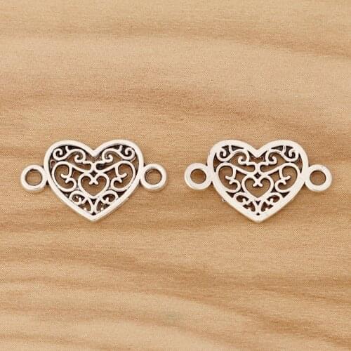 20 Pieces Silver Color Filigree Heart Connector Charms Pendants for Bracelet Necklace Jewellery Making Accessories 21x12mm