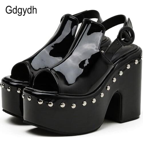 Gdgydh Peep Toe Platform High-Heeled Shoes Women Sexy Rivet Black Gothic Style Mules Shoes Women Block Heel Summer Sandals Cool