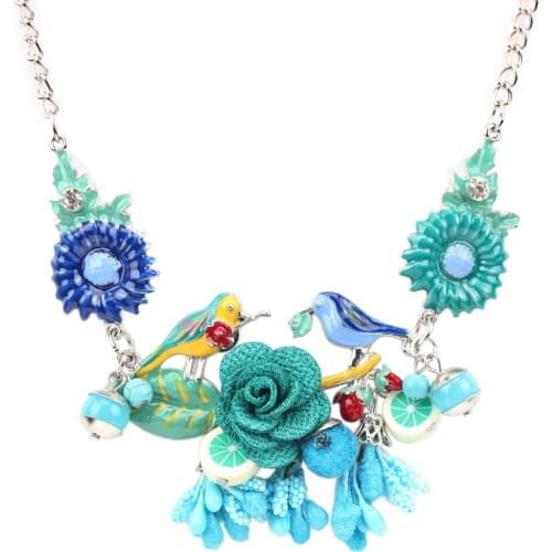 Bonsny Statement Choker Enamel Bird Flower Necklace Alloy Long Chain Pendants 2016 New Jewelry For Women Charm Accessories