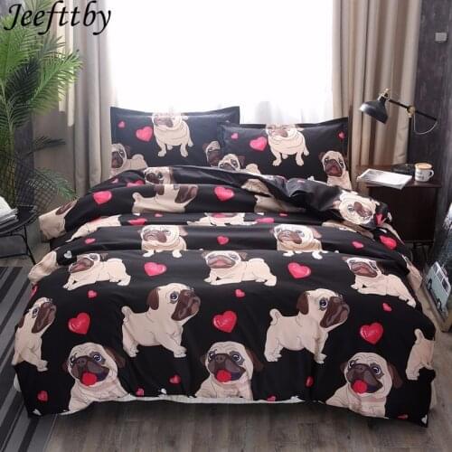 Black Home Pug Printing Bedding Sets Heart Dog Duvet Cover Set 2/3pcs Double Queen Quilt Cover Pillowcase Bed Linen (No Sheets)