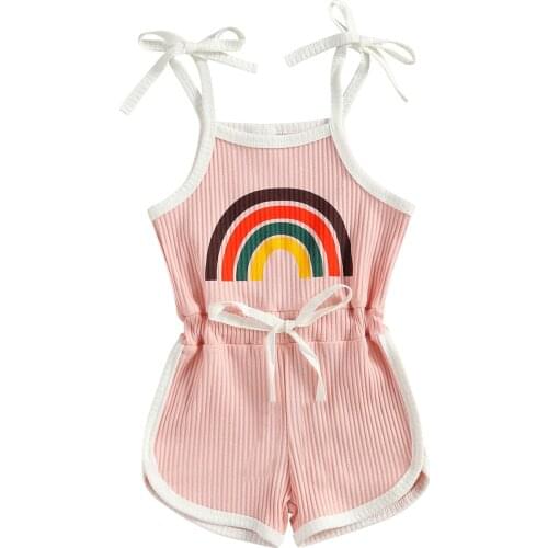 Summer Kids Girls Sleeveless Playsuit Rainbow Printed Pattern Off-shoulder Suspender Onepiece Romper Clothes