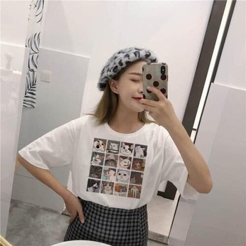 Summer Ulzzang Cartoon Hippie Smiley Kawaii Cat Tshirt Women Harajuku T-shirt Vintage Loose Short Sleeve Female T-shirt Clothes