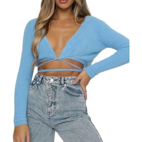 2021 Fashion Bandage Knit Women Cardigan Tops Long Sleeve V Neck Solid Slim Fit Tie Up Wrap Crop Top Casual Sexy Knitwear