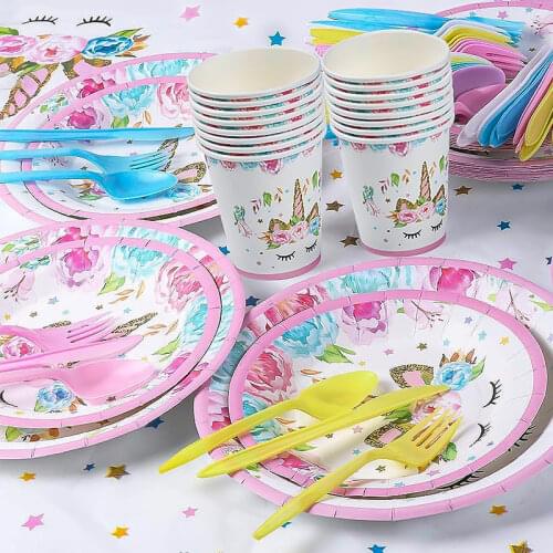 Unicorn Disposable Tableware for 16 People Unicorn Party Supplies Paper Plate Napkins Birthday Party Decoration Baby Shower Girl