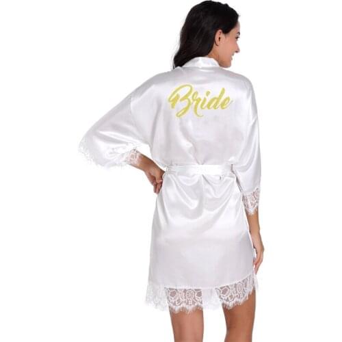 Wholesale Bride Gold Glitter Women Satin Kimono Robes Lace Bridesmaid Nightgown Dressing Gown S-XL T44