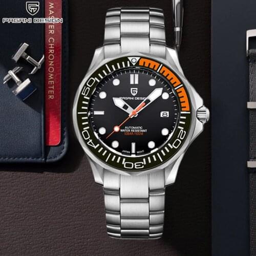 PAGANI Design FashionMens Automatic luxury Watches Men Mechanical Stainless Steel Waterproof Sport watch curved sapphire mirror