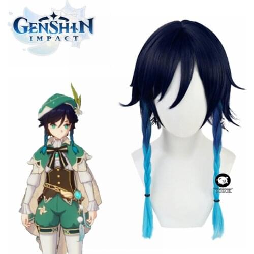 Game Genshin Impact Venti Cosplay Wigs Gradient Blue Short Cosplay Wig Braided Wigs Heat Resistant Synthetic Hair