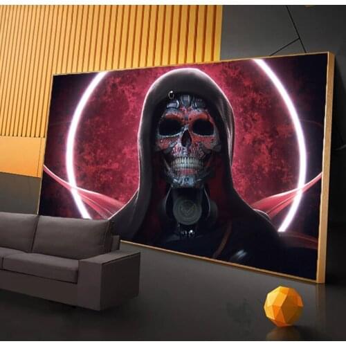 Grim Reaper Print Poster Blood Moon Skull Canvas Painting 3D Horror Halloween Prints Wall Art Picture for Living Room Decor