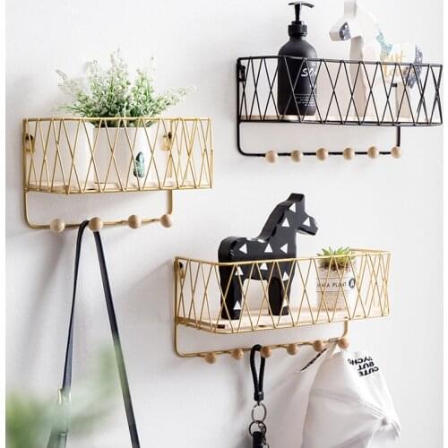 Key Holder Mail Rack Entryway Shelf Creative Simple Nordic Wrought Iron Grid Wall Mount Storage Rack Hooks Key Sorter Organizer