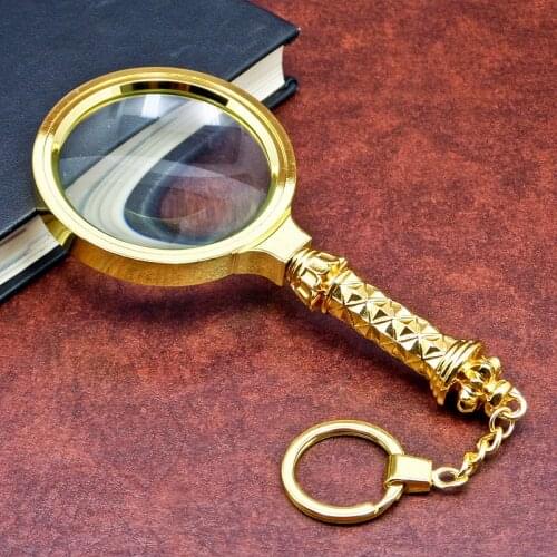 Portable High-definition Full Metal Flower Handle 90mm Magnifying Glass 5 Times Handheld Reading Magnifying Glass with Keychain