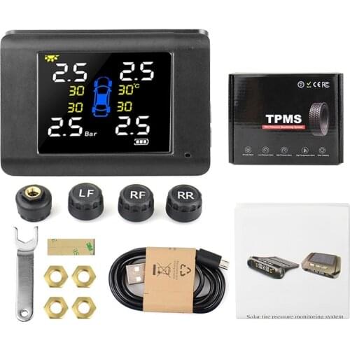 TPMS Solar Power Tyre Pressure Monitoring System with 4 Sensors LCD Real-time Display Car Tire Pressure Auto Alarm System