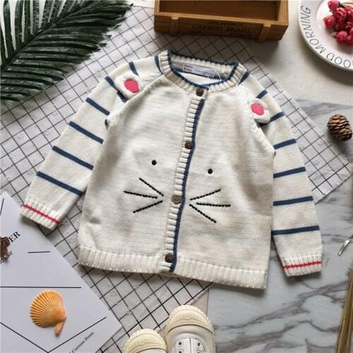 Tonytaobaby Fall and Winter Clothes New Style Female Baby Mouse Stripes Cardigan Sweater Pure Cotton Sweater