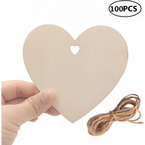 100pcs 100mm Wood Heart Blank Wooden Heart Embellishments with Natural Twine for Wedding DIY Arts Crafts Card Making