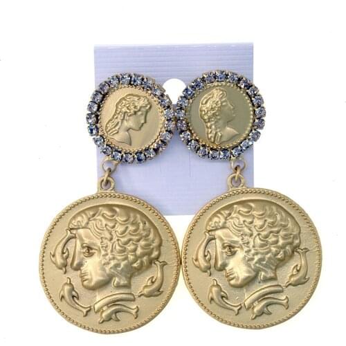 Vintage Round Disc Drop Earring Charming Jewelry For Women Gold Color White Crystals Pendant Necklace Earrings