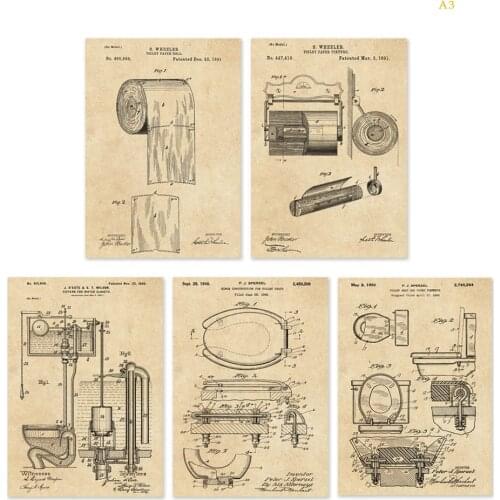 Vintage patent art prints on toilet paper paper roll seat cistern for water closet bathroom wall decor 5 in 1