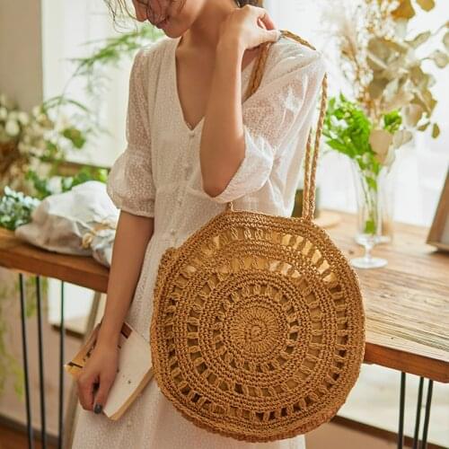 Summer Round Straw Shoulder Bags for Women Casual Handmade Rattan Woven Beach CrossBody Bag Female Travel Shopping Handbag Totes
