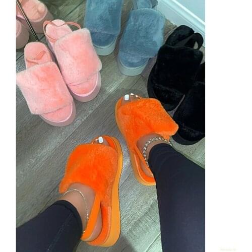 2021 Warm Womens Furry Shoes Winter Fur Sandals for Women Platform Slippers Ladies Comfort House Slides for Home