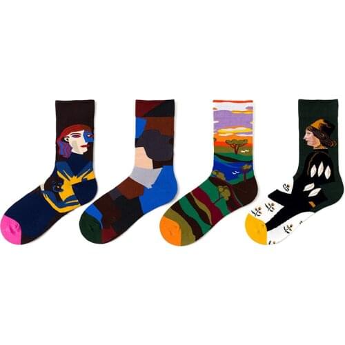 Women Sock Illustration Design Abstract Oil Painting Pattern Hip hop Cool Fashion Socks Men Thick Cotton Skate Funny Socks