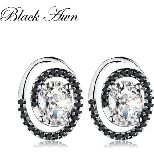 SODROV Classic Genuine 925 Sterling Silver Topaz Engagement Stud Earrings for Women Fine Jewelry Black&White Stone T108