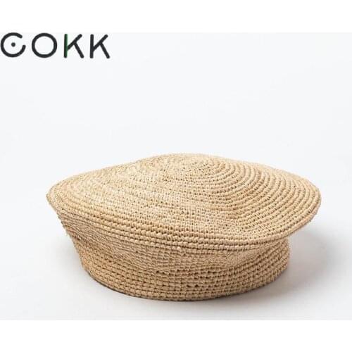 COKK Summer Handmade Crochet Straw Beret Women Hat Cap Ladies Fashion Stage Show Boina Gorras Painter Cap Flat Adjustable New