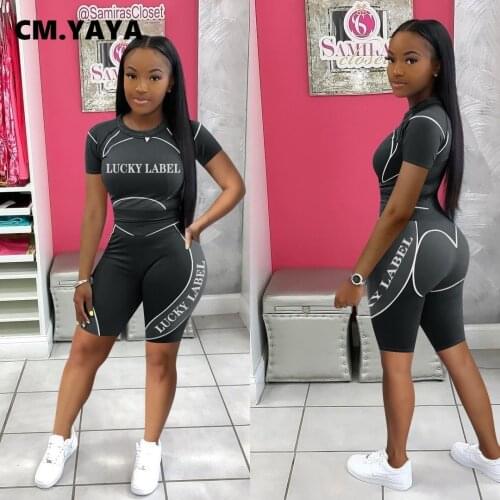 CM.YAYA Sports Set Women Print Letter Short Sleeve O-neck T-shirt High Waist Elastic Shorts 2 Piece Set Female Fitness Clothing