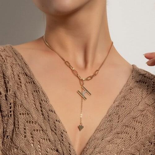 Vintage Elegant Rhinestone Letters Love Heart Pendant Necklace for Women Punk Geometric Thick Chain Necklace Colar Jewelry Gift