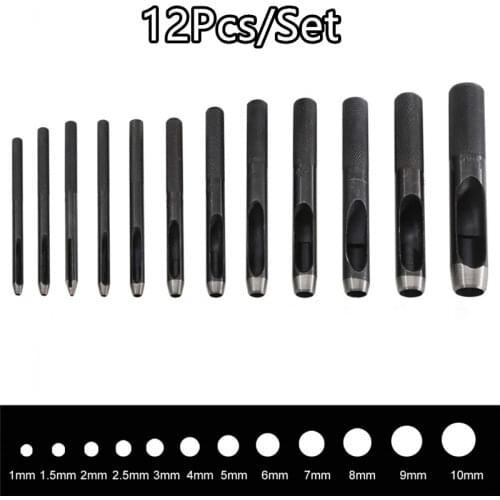 12Pcs/Lot Suit Punching 1mm-10mm Round Carbon Steel Leather Craft Hole Punch Puncher Watch Belt Band Plastic Rubber Tools