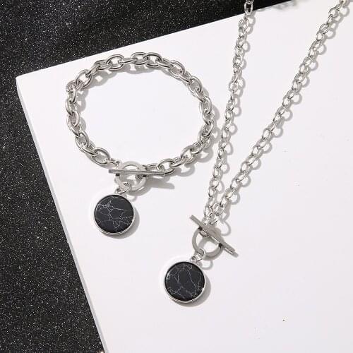 2021 Punk Silver Color Round Marble Chain Necklace Women Fashion Hip Hop Rock Pendant Necklace Naszyjnik Jewelry