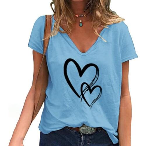 80%HOTTop V-neck soft female short-sleeved loose top suitable for daily wear Love pattern age T-shirt short-sleeved