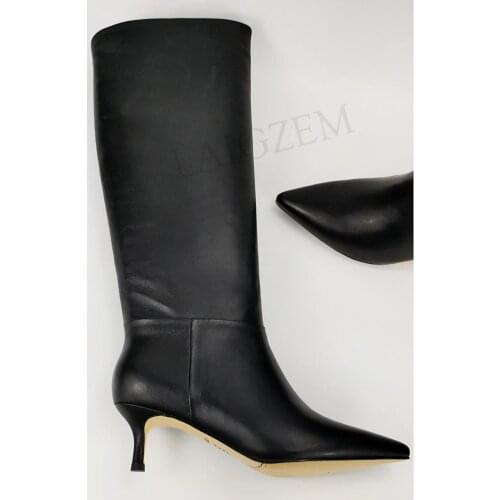 BERZIMER 100% Handmade Women Knee High Boots 5.5CM Low Heels Side Zip Ladies Real LEATHER Shoes Woman Botas Soft Size 37 38 39