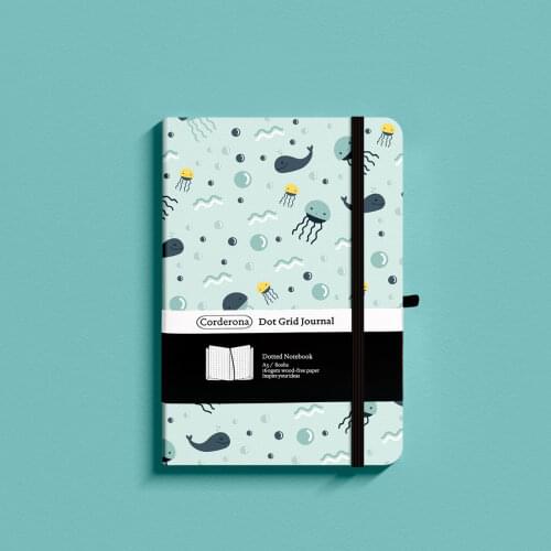 Whale and Jellyfish A5 Dotted Notebook Dot Grid Journal Hard Cover Elastic Band Travel Diary Planner