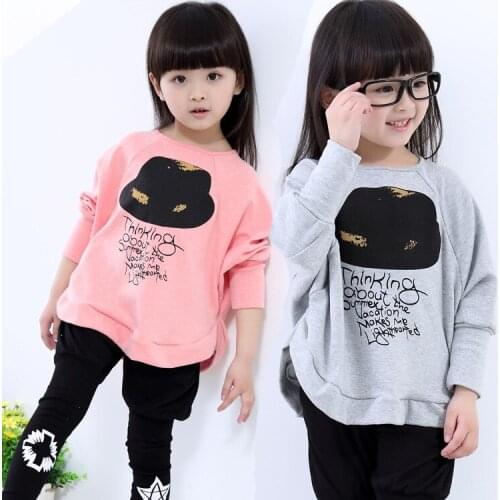 Girls Cotton Spring Long Sleeve Black Hat Hat Small Children Wear T-shirts 2-12 Ages Free Shipping