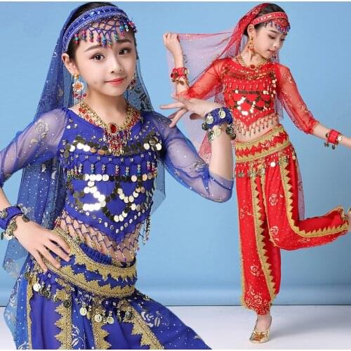 Indian Belly Dance Costume Children Bollywood Dance Clothing Stage Performance 4Pcs/Set (head scraf+top shirt+waist chain+pant)