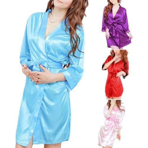 K3NF Womens Short Kimono Style V-Neck Bathrobe Plain Dressing Gown Bridal Party Robe
