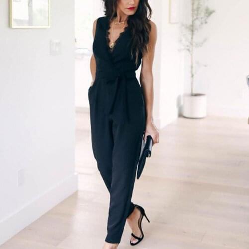 Playsuit V Neck High Waist Female Women Solid Color Sleeveless Jumpsuit for workplace Sexy Women Lace V Neck Black Jumpsuit