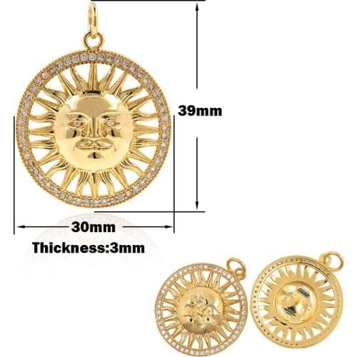 Round Sun Face Pendant CZ Cubic Zirconia Award Medal Necklace DIY Jewelry Bracelet Making Accessories 26x20x4MM