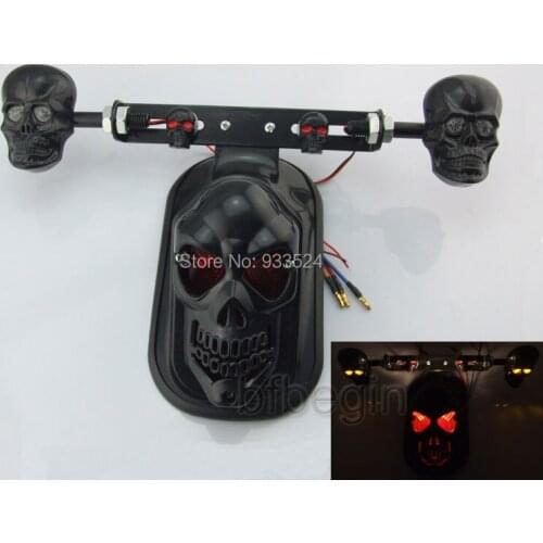 Motorcycle Black Skull Turn Signal Rear Brake Stop License Plate Tail Lights For Honda Kawasaki