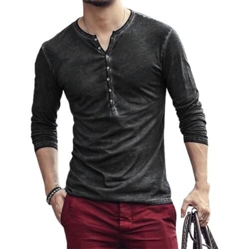 Retro Men Shirt Long Sleeve Men T-shirt Solid Color Casual V Neck Thin Buttons T-shirt Male Clothing Grey/ wine red/ green