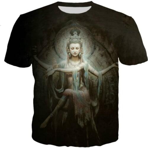 Mens and womens summer hot style 3D splash ink printing birds eye mesh Buddha statue T-shirt anime streetwear Harajuku hip-ho